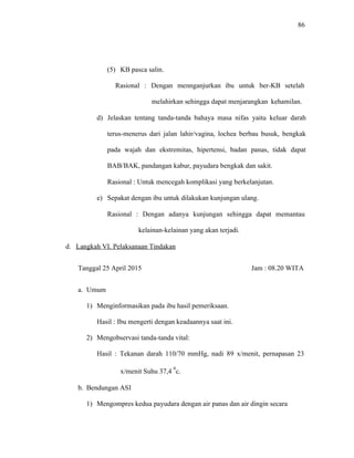 86
(5) KB pasca salin.
Rasional : Dengan mennganjurkan ibu untuk ber-KB setelah
melahirkan sehingga dapat menjarangkan kehamilan.
d) Jelaskan tentang tanda-tanda bahaya masa nifas yaitu keluar darah
terus-menerus dari jalan lahir/vagina, lochea berbau busuk, bengkak
pada wajah dan ekstremitas, hipertensi, badan panas, tidak dapat
BAB/BAK, pandangan kabur, payudara bengkak dan sakit.
Rasional : Untuk mencegah komplikasi yang berkelanjutan.
e) Sepakat dengan ibu untuk dilakukan kunjungan ulang.
Rasional : Dengan adanya kunjungan sehingga dapat memantau
kelainan-kelainan yang akan terjadi.
d. Langkah VI. Pelaksanaan Tindakan
Tanggal 25 April 2015 Jam : 08.20 WITA
a. Umum
1) Menginformasikan pada ibu hasil pemeriksaan.
Hasil : Ibu mengerti dengan keadaannya saat ini.
2) Mengobservasi tanda-tanda vital:
Hasil : Tekanan darah 110/70 mmHg, nadi 89 x/menit, pernapasan 23
x/menit Suhu 37,4
0
c.
b. Bendungan ASI
1) Mengompres kedua payudara dengan air panas dan air dingin secara
 