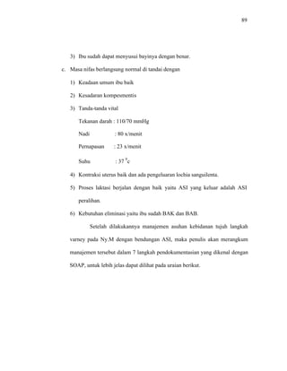 89
3) Ibu sudah dapat menyusui bayinya dengan benar.
c. Masa nifas berlangsung normal di tandai dengan
1) Keadaan umum ibu baik
2) Kesadaran kompesmentis
3) Tanda-tanda vital
Tekanan darah : 110/70 mmHg
Nadi : 80 x/menit
Pernapasan : 23 x/menit
Suhu : 37
0
c
4) Kontraksi uterus baik dan ada pengeluaran lochia sanguilenta.
5) Proses laktasi berjalan dengan baik yaitu ASI yang keluar adalah ASI
peralihan.
6) Kebutuhan eliminasi yaitu ibu sudah BAK dan BAB.
Setelah dilakukannya manajemen asuhan kebidanan tujuh langkah
varney pada Ny.M dengan bendungan ASI, maka penulis akan merangkum
manajemen tersebut dalam 7 langkah pendokumentasian yang dikenal dengan
SOAP, untuk lebih jelas dapat dilihat pada uraian berikut.
 