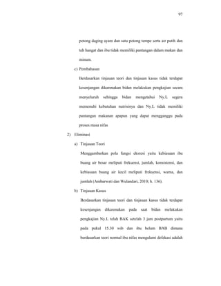 97
potong daging ayam dan satu potong tempe serta air putih dan
teh hangat dan ibu tidak memiliki pantangan dalam makan dan
minum.
c) Pembahasan
Berdasarkan tinjauan teori dan tinjauan kasus tidak terdapat
kesenjangan dikarenakan bidan melakukan pengkajian secara
menyeluruh sehingga bidan mengetahui Ny.L segera
memenuhi kebutuhan nutrisinya dan Ny.L tidak memiliki
pantangan makanan apapun yang dapat mengganggu pada
proses masa nifas
2) Eliminasi
a) Tinjauan Teori
Menggambarkan pola fungsi eksresi yaitu kebiasaan ibu
buang air besar meliputi frekuensi, jumlah, konsistensi, dan
kebiasaan buang air kecil meliputi frekuensi, warna, dan
jumlah (Ambarwati dan Wulandari, 2010; h. 136).
b) Tinjauan Kasus
Berdasarkan tinjauan teori dan tinjauan kasus tidak terdapat
kesenjangan dikarenakan pada saat bidan melakukan
pengkajian Ny.L telah BAK setelah 3 jam postpartum yaitu
pada pukul 15.30 wib dan ibu belum BAB dimana
berdasarkan teori normal ibu nifas mengalami defekasi adalah
 