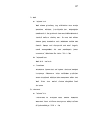 107
2) Nadi
a) Tinjauan Teori
Nadi adalah gelombang yang diakibatkan oleh adanya
perubahan pelebaran (vasodilatasi) dari penyempitan
(vasokontriksi) dari pembuluh darah arteri akibat kontraksi
ventrikel melawan dinding aorta. Tekanan nadi adalah
tekanan yang ditimbulkan oleh perbedaan sistolik dan
diastolic. Denyut nadi dipengaruhi oleh saraf simpatik
(untuk meningkatkan) dan saraf parasimpatik (untuk
menurunkan) )Tambunan dan Kasim, 2011; h. 34).
b) Tinjauan Kasus
Nadi Ny.L : 80x/menit
c) Pembahasan
Berdasarkan tinjauan teori dan tinjauan kasus tidak terdapat
kesenjangan dikarenakan bidan melakukan pengkajian
secara menyeluruh, sehingga bidan mengetahui bahwa nadi
Ny.L dalam batas normal, dimana didapatkan hasil
80x/menit.
3) Pernafasan
a) Tinjauan Teori
Pemeriksaan ini bertujuan untuk menilai frekuensi
pernafasan, irama, kedalaman, dan tipe atau pola pernafasan
(Uliyah dan hidayat, 2009; h. 159).
 