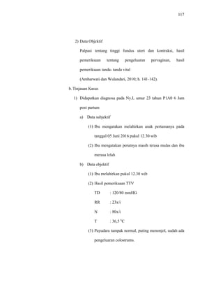 117
2) Data Objektif
Palpasi tentang tinggi fundus uteri dan kontraksi, hasil
pemeriksaan tentang pengeluaran pervaginan, hasil
pemeriksaan tanda- tanda vital
(Ambarwati dan Wulandari, 2010; h. 141-142).
b. Tinjauan Kasus
1) Didapatkan diagnosa pada Ny.L umur 23 tahun P1A0 6 Jam
post partum
a) Data subjektif
(1) Ibu mengatakan melahirkan anak pertamanya pada
tanggal 05 Juni 2016 pukul 12.30 wib
(2) Ibu mengatakan perutnya masih terasa mulas dan ibu
merasa lelah
b) Data objektif
(1) Ibu melahirkan pukul 12.30 wib
(2) Hasil pemeriksaan TTV
TD : 120/80 mmHG
RR : 23x/i
N : 80x/i
T : 36,5 o
C
(3) Payudara tampak normal, puting menonjol, sudah ada
pengeluaran colostrums.
 