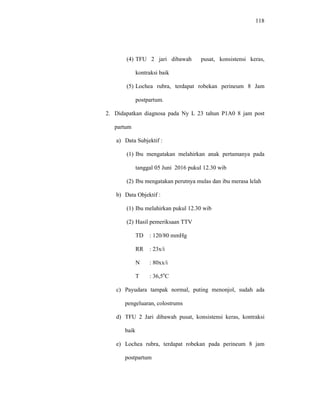 118
(4) TFU 2 jari dibawah pusat, konsistensi keras,
kontraksi baik
(5) Lochea rubra, terdapat robekan perineum 8 Jam
postpartum.
2. Didapatkan diagnosa pada Ny L 23 tahun P1A0 8 jam post
partum
a) Data Subjektif :
(1) Ibu mengatakan melahirkan anak pertamanya pada
tanggal 05 Juni 2016 pukul 12.30 wib
(2) Ibu mengatakan perutnya mulas dan ibu merasa lelah
b) Data Objektif :
(1) Ibu melahirkan pukul 12.30 wib
(2) Hasil pemeriksaan TTV
TD : 120/80 mmHg
RR : 23x/i
N : 80xx/i
T : 36,5o
C
c) Payudara tampak normal, puting menonjol, sudah ada
pengeluaran, colostrums
d) TFU 2 Jari dibawah pusat, konsistensi keras, kontraksi
baik
e) Lochea rubra, terdapat robekan pada perineum 8 jam
postpartum
 
