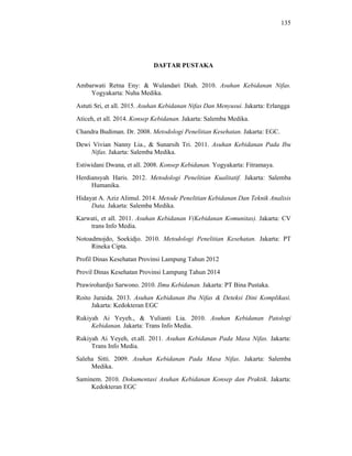135
DAFTAR PUSTAKA
Ambarwati Retna Eny: & Wulandari Diah. 2010. Asuhan Kebidanan Nifas.
Yogyakarta: Nuha Medika.
Astuti Sri, et all. 2015. Asuhan Kebidanan Nifas Dan Menyusui. Jakarta: Erlangga
Aticeh, et all. 2014. Konsep Kebidanan. Jakarta: Salemba Medika.
Chandra Budiman. Dr. 2008. Metodologi Penelitian Kesehatan. Jakarta: EGC.
Dewi Vivian Nanny Lia., & Sunarsih Tri. 2011. Asuhan Kebidanan Pada Ibu
Nifas. Jakarta: Salemba Medika.
Estiwidani Dwana, et all. 2008. Konsep Kebidanan. Yogyakarta: Fitramaya.
Herdiansyah Haris. 2012. Metodologi Penelitian Kualitatif. Jakarta: Salemba
Humanika.
Hidayat A. Aziz Alimul. 2014. Metode Penelitian Kebidanan Dan Teknik Analisis
Data. Jakarta: Salemba Medika.
Karwati, et all. 2011. Asuhan Kebidanan V(Kebidanan Komunitas). Jakarta: CV
trans Info Media.
Notoadmojdo, Soekidjo. 2010. Metodologi Penelitian Kesehatan. Jakarta: PT
Rineka Cipta.
Profil Dinas Kesehatan Provinsi Lampung Tahun 2012
Provil Dinas Kesehatan Provinsi Lampung Tahun 2014
Prawirohardjo Sarwono. 2010. Ilmu Kebidanan. Jakarta: PT Bina Pustaka.
Roito Juraida. 2013. Asuhan Kebidanan Ibu Nifas & Deteksi Dini Komplikasi.
Jakarta: Kedokteran EGC
Rukiyah Ai Yeyeh., & Yulianti Lia. 2010. Asuhan Kebidanan Patologi
Kebidanan. Jakarta: Trans Info Media.
Rukiyah Ai Yeyeh, et.all. 2011. Asuhan Kebidanan Pada Masa Nifas. Jakarta:
Trans Info Media.
Saleha Sitti. 2009. Asuhan Kebidanan Pada Masa Nifas. Jakarta: Salemba
Medika.
Saminem. 2010. Dokumentasi Asuhan Kebidanan Konsep dan Praktik. Jakarta:
Kedokteran EGC
 