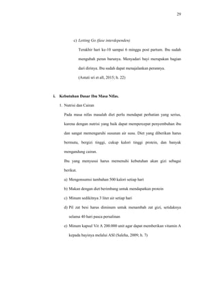 29
c) Letting Go (fase interdependen)
Terakhir hari ke-10 sampai 6 minggu post partum. Ibu sudah
mengubah peran barunya. Menyadari bayi merupakan bagian
dari dirinya. Ibu sudah dapat menajalankan perannya.
(Astuti sri et all, 2015; h. 22)
i. Kebutuhan Dasar Ibu Masa Nifas.
1. Nutrisi dan Cairan
Pada masa nifas masalah diet perlu mendapat perhatian yang serius,
karena dengan nutrisi yang baik dapat mempercepat penyembuhan ibu
dan sangat memengaruhi susunan air susu. Diet yang diberikan harus
bermutu, bergizi tinggi, cukup kalori tinggi protein, dan banyak
mengandung cairan.
Ibu yang menyusui harus memenuhi kebutuhan akan gizi sebagai
berikut.
a) Mengonsumsi tambahan 500 kalori setiap hari
b) Makan dengan diet berimbang untuk mendapatkan protein
c) Minum sedikitnya 3 liter air setiap hari
d) Pil zat besi harus diminum untuk menambah zat gizi, setidaknya
selama 40 hari pasca persalinan
e) Minum kapsul Vit A 200.000 unit agar dapat memberikan vitamin A
kepada bayinya melalui ASI (Saleha, 2009; h. 7)
 