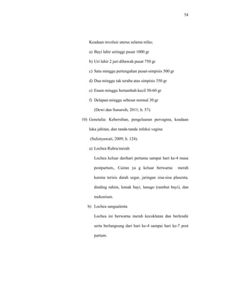 54
Keadaan involusi uterus selama nifas;
a) Bayi lahir setinggi pusat 1000 gr
b) Uri lahir 2 jari dibawah pusat 750 gr
c) Satu minggu pertengahan pusat-simpisis 500 gr
d) Dua minggu tak teraba atas simpisis 350 gr
e) Enam minggu bertambah kecil 50-60 gr
f) Delapan minggu sebesar normal 30 gr
(Dewi dan Sunarsih, 2011; h. 57).
10) Genetalia: Kebersihan, pengeluaran pervagina, keadaan
luka jahitan, dan tanda-tanda infeksi vagina
(Sulistyawati, 2009; h. 124).
a) Lochea Rubra/merah
Lochea keluar darihari pertama sampai hari ke-4 masa
postpartum,. Cairan ya g keluar berwarna merah
karena terisis darah segar, jaringan sisa-sisa plasenta,
dinding rahim, lemak bayi, lanugo (rambut bayi), dan
mekonium.
b) Lochea sangualenta
Lochea ini berwarna merah kecoklatan dan berlendir
serta berlangsung dari hari ke-4 sampai hari ke-7 post
partum.
 