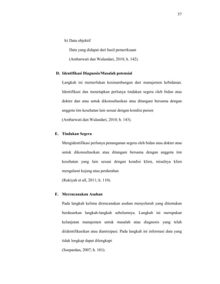 57
b) Data objektif
Data yang didapat dari hasil pemeriksaan
(Ambarwati dan Wulandari, 2010; h. 142).
D. Identifikasi Diagnosis/Masalah potensial
Langkah ini memerlukan kesinambungan dari manajemen kebidanan.
Identifikasi dan menetapkan perlunya tindakan segera oleh bidan atau
dokter dan atau untuk dikonsultasikan atau ditangani bersama dengan
anggota tim kesehatan lain sesuai dengan kondisi pasien
(Ambarwati dan Wulandari, 2010; h. 143).
E. Tindakan Segera
Mengidentifikasi perlunya penanganan segera oleh bidan atau dokter atau
untuk dikonsultasikan atau ditangani bersama dengan anggota tim
kesehatan yang lain sesuai dengan kondisi klien, misalnya klien
mengalami kejang atau perdarahan
(Rukiyah et all, 2011; h. 110).
F. Merencanakan Asuhan
Pada langkah kelima direncanakan asuhan menyeluruh yang ditentukan
berdasarkan langkah-langkah sebelumnya. Langkah ini merupakan
kelanjutan manajemen untuk masalah atau diagnosis yang telah
diidentifikasikan atau diantisipasi. Pada langkah ini informasi data yang
tidak lengkap dapat dilengkapi
(Soepardan, 2007; h. 101).
 