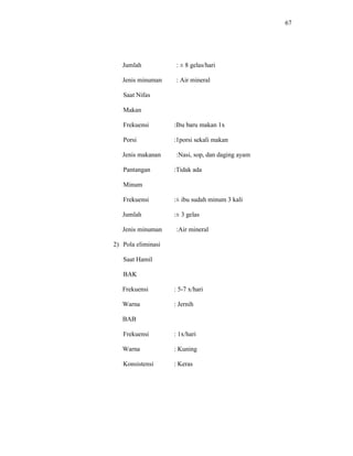67
Jumlah : ± 8 gelas/hari
Jenis minuman : Air mineral
Saat Nifas
Makan
Frekuensi :Ibu baru makan 1x
Porsi :1porsi sekali makan
Jenis makanan :Nasi, sop, dan daging ayam
Pantangan :Tidak ada
Minum
Frekuensi :± ibu sudah minum 3 kali
Jumlah :± 3 gelas
Jenis minuman :Air mineral
2) Pola eliminasi
Saat Hamil
BAK
Frekuensi : 5-7 x/hari
Warna : Jernih
BAB
Frekuensi : 1x/hari
Warna : Kuning
Konsistensi : Keras
 