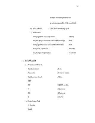 69
pernah mengeringkan daerah
genetalianya sehabis BAK dan BAB.
6) Pola Seksual : Tidak dilakukan Pengkajian
7) Psikososial
Tanggapan ibu terhadap dirinya : senang
Tingkat pengetahuan ibu terhadap kondisinya : Baik
Tanggapan keluarga terhadap kelahiran bayi : Baik
Pengambil keputusan : Bersama
Lingkungan berpengaruh : Tidak ada
1. Data Objektif
a. Pemeriksaan Umum
Keadaan umum : Baik
Kesadaran : Compos mentis
Keadaan emosional : Stabil
TTV
TD : 120/80 mmHg
N : 80x/menit
RR : 23x/menit
T : 36,5o
C
b. Pemeriksaan fisik
1) Kepala
Wajah
 