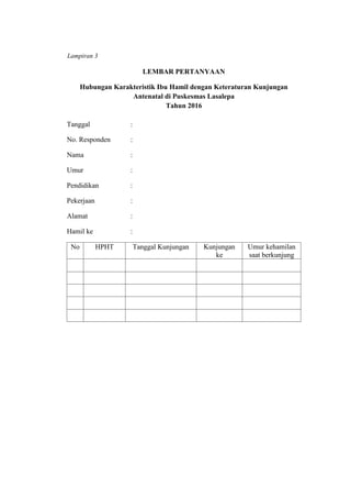 59
LEMBAR PERTANYAAN
Hubungan Karakteristik Ibu Hamil dengan Keteraturan Kunjungan
Antenatal di Puskesmas Lasalepa
Tahun 2016
Tanggal :
No. Responden :
Nama :
Umur :
Pendidikan :
Pekerjaan :
Alamat :
Hamil ke :
No HPHT Tanggal Kunjungan Kunjungan
ke
Umur kehamilan
saat berkunjung
Lampiran 3
 