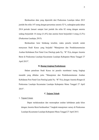 5
Berdasarkan data yang diperoleh dari Puskesmas Lasalepa tahun 2013
jumlah ibu nifas 147 orang dengan persentase anemis 52 %, sedangkan pada tahun
2014 periode Januari sampai Juni jumlah ibu nifas 82 orang dengan anemia
sedang berjumlah 14 orang (11,4%) dan anemia berat berjumlah 4 orang (3,3%)
(Puskesmas Lasalepa, 2015).
Berdasarkan latar belakang tersebut, maka penulis tertarik untuk
menyusun Studi Kasus yang berjudul “Manajemen dan Pendokumentasian
Asuhan Kebidanan Post Natal Care Patologi pada Ny. “R” PIA0 dengan Anemia
Berat di Puskesmas Lasalepa Kecamatan Lasalepa Kabupaten Muna Tanggal 27
April 2015”.
B. Ruang Lingkup Pembahasan
Dalam penulisan Studi Kasus ini penulis membatasi ruang lingkup
masalah yang dibahas yaitu “Manajemen dan Pendokumentasian Asuhan
Kebidanan Post Natal Care Patologi pada Ny. “R” PIA0 dengan Anemia Ringan di
Puskesmas Lasalepa Kecamatan Lasalepa Kabupaten Muna Tanggal 27 April
2015”.
C. Tujuan Telaah
1. Tujuan Umum
Dapat melaksanakan dan menerapkan asuhan kebidanan pada klien
dengan Anemia Berat berdasarkan 7 langkah manajemen varney di Puskesmas
Lasalepa Kecamatan Lasalepa Kabupaten Muna Tanggal 27 April 2015.
 