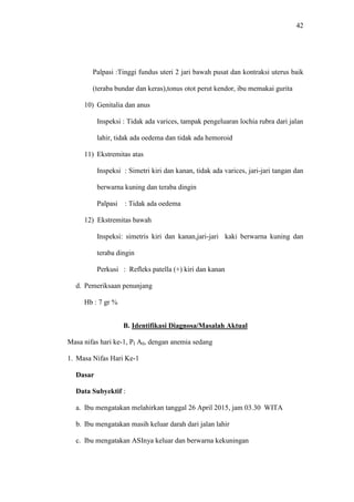 42
Palpasi :Tinggi fundus uteri 2 jari bawah pusat dan kontraksi uterus baik
(teraba bundar dan keras),tonus otot perut kendor, ibu memakai gurita
10) Genitalia dan anus
Inspeksi : Tidak ada varices, tampak pengeluaran lochia rubra dari jalan
lahir, tidak ada oedema dan tidak ada hemoroid
11) Ekstremitas atas
Inspeksi : Simetri kiri dan kanan, tidak ada varices, jari-jari tangan dan
berwarna kuning dan teraba dingin
Palpasi : Tidak ada oedema
12) Ekstremitas bawah
Inspeksi: simetris kiri dan kanan,jari-jari kaki berwarna kuning dan
teraba dingin
Perkusi : Refleks patella (+) kiri dan kanan
d. Pemeriksaan penunjang
Hb : 7 gr %
B. Identifikasi Diagnosa/Masalah Aktual
Masa nifas hari ke-1, PI A0, dengan anemia sedang
1. Masa Nifas Hari Ke-1
Dasar
Data Subyektif :
a. Ibu mengatakan melahirkan tanggal 26 April 2015, jam 03.30 WITA
b. Ibu mengatakan masih keluar darah dari jalan lahir
c. Ibu mengatakan ASInya keluar dan berwarna kekuningan
 