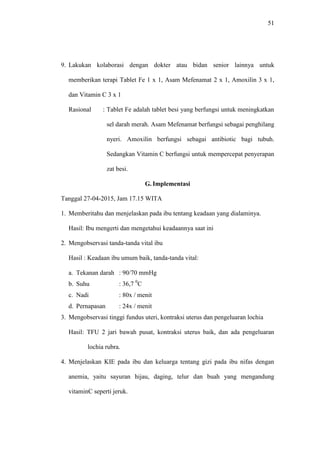 51
9. Lakukan kolaborasi dengan dokter atau bidan senior lainnya untuk
memberikan terapi Tablet Fe 1 x 1, Asam Mefenamat 2 x 1, Amoxilin 3 x 1,
dan Vitamin C 3 x 1
Rasional : Tablet Fe adalah tablet besi yang berfungsi untuk meningkatkan
sel darah merah. Asam Mefenamat berfungsi sebagai penghilang
nyeri. Amoxilin berfungsi sebagai antibiotic bagi tubuh.
Sedangkan Vitamin C berfungsi untuk mempercepat penyerapan
zat besi.
G. Implementasi
Tanggal 27-04-2015, Jam 17.15 WITA
1. Memberitahu dan menjelaskan pada ibu tentang keadaan yang dialaminya.
Hasil: Ibu mengerti dan mengetahui keadaannya saat ini
2. Mengobservasi tanda-tanda vital ibu
Hasil : Keadaan ibu umum baik, tanda-tanda vital:
a. Tekanan darah : 90/70 mmHg
b. Suhu : 36,7 0
C
c. Nadi : 80x / menit
d. Pernapasan : 24x / menit
3. Mengobservasi tinggi fundus uteri, kontraksi uterus dan pengeluaran lochia
Hasil: TFU 2 jari bawah pusat, kontraksi uterus baik, dan ada pengeluaran
lochia rubra.
4. Menjelaskan KIE pada ibu dan keluarga tentang gizi pada ibu nifas dengan
anemia, yaitu sayuran hijau, daging, telur dan buah yang mengandung
vitaminC seperti jeruk.
 