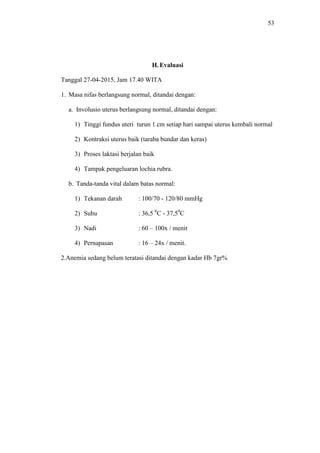 53
H. Evaluasi
Tanggal 27-04-2015, Jam 17.40 WITA
1. Masa nifas berlangsung normal, ditandai dengan:
a. Involusio uterus berlangsung normal, ditandai dengan:
1) Tinggi fundus uteri turun 1 cm setiap hari sampai uterus kembali normal
2) Kontraksi uterus baik (taraba bundar dan keras)
3) Proses laktasi berjalan baik
4) Tampak pengeluaran lochia rubra.
b. Tanda-tanda vital dalam batas normal:
1) Tekanan darah : 100/70 - 120/80 mmHg
2) Suhu : 36,5 0
C - 37,50
C
3) Nadi : 60 – 100x / menit
4) Pernapasan : 16 – 24x / menit.
2.Anemia sedang belum teratasi ditandai dengan kadar Hb 7gr%
 