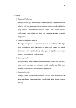 76
B. Saran
1. Saran bagi Puskesmas
Bagi puskesmas agar lebih meningkatkan kenerja tugas yang baik diseluruh
cakupan wilayahnya agar dapat bisa memantau keadaan dan kondisi pasien
yang memiliki keluhan tertentu misalnya seperti Anemia ringan. terutama
bagi seorang bidan diharapkan dapat bisa memantau keadaan pasiennya
dengan baik
2. Saran bagi institusi pendidikan
Penerapan manajemen asuhan kebidanan dalam pemecahan masalah dapat
lebih ditingkatkan dan dikembangkan mengingat proses ini sangat
bermanfaat dalam membina tenaga bidan guna menciptakan sumber daya
manusia yang berpotensi dan profesional.
3. Saran bagi profesi
Sebagai seorang bidan kita harus mampu mengenali setiap tanda dan gejala
pada pasien kita agar bisa ditangani sedini mungkin dan kita harus
meningkatkan cara kerja kita dengan baik dilapangan.
4. Saran bagi penulis
Sebagai wahana latihan untuk menambah wawasan dalam pembuatan studi
kasus dan bahan pengetahuan bagi peneliti pada klien dengan Anemia
Sedang.
 