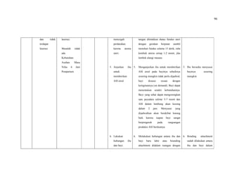96
dan tidak
terdapat
laserasi
laserasi.
Masalah: tidak
ada
Kebutuhan:
Asuhan Masa
Nifas 6 Jam
Postpartum
mencegah
perdarahan
karena atonia
uteri.
5. Anjurkan ibu
untuk
memberikan
ASI awal.
6. Lakukan
hubungan ibu
dan bayi.
tangan diletakkan diatas fundus uteri
dengan gerakan berputar sambil
menekan fundus selama 15 detik, raba
kembali uterus setiap 1-2 menit, jika
lembek ulangi masase.
5. Menganjurkan ibu untuk memberikan
ASI awal pada bayinya sebaiknya
sesering mungkin tidak perlu dijadwal,
bayi disusui sesuai dengan
keinginannya (on demand). Bayi dapat
menentukan sendiri kebutuhannya.
Bayi yang sehat dapat mengosongkan
satu payudara sekitar 5-7 menit dan
ASI dalam lambung akan kosong
dalam 2 jam. Menyusui yang
dijadwalkan akan berakibat kurang
baik karena isapan bayi sangat
berpengaruh pada rangsangan
produksi ASI berikutnya.
6. Melakukan hubungan antara ibu dan
bayi baru lahir atau bounding
attachment didalam ruangan dengan
5. Ibu bersedia menyusui
bayinya sesering
mungkin
6. Bonding attachment
sudah dilakukan antara
ibu dan bayi dalam
 