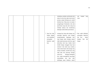 97
7. Jaga bayi tetap
hangat dengan
cara melakukan
pencegahan
hipotermi pada
bayi.
melakukan sentuhan awal/kontak kulit
antara ibu dan bayi pada menit-menit
pertama sampai beberapa jam setelah
kelahiran bayi. Pada proses ini terjadi,
penggabungan berdasarkan cinta dan
penerimaan yang tulus dari orang tua
terhadap anaknya dan memberikan
dukungan asuhan dalam perawatanya.
7. menjaga bayi tetap sehat dengan cara
mencegah hipotermi yaitu dengan
mempertahankan lingkungan bayi
tetap hangat untuk menjaga supaya
tidak terjadi penurunan suhu bayi, jaga
kebersihan kulit bayi, hindari kulit
lembab dengan mengganti baju bayi
minimal 2 kali sehari atau sewaktu-
waktu ketika basah oleh keringat atau
terkena muntahan, memilih baju yang
tidak kaku dan menyerap keringat
untuk bayi. Menjaga kehangatan
bayi. empat kemungkinan yang dapat
menyebabkan bayi baru lahir
kehilangan panas tubuhnya seperti
satu ruangan yang
sama.
7. Bayi sudah dilakukan
pencegahan hipotermi
dan bayi dalam
keadaan baik dan
hangat.
 