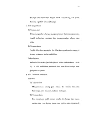 116
bayinya serta merawatnya dengan penuh kasih sayang, dan respon
keluarga juga baik terhadap bayinya.
o. Data pengetahuan
1) Tinjauan teori
Untuk mengetahui seberapa jauh pengetahuan ibu tentang perawatan
setelah melahirkan sehingga akan menguntungkan selama masa
nifas.
2) Tinjauan kasus
Setelah dilakukan pengkajian dan diberikan penjelasan ibu mengerti
tentang perawatan setelah melahirkan.
3) Pembahasan
Dalam hal ini tidak terjadi kesenjangan antara teori dan kasus karena
Ny. M telah melakukan perawatan masa nifas sesuai dengan teori
yang telah diajarkan.
p. Pola kebutuhan sehari-hari
1) Nutrisi
a) Tinjauan teori
Mengambarkan tentang pola makan dan minum. Frekuensi
banyaknya, jenis makanan, makanan pantangan.
b) Tinjauan kasus
Ibu mengatakan sudah minum segelas teh hangat dan makan
dengan satu porsi dengan menu: satu centong nasi, semangkuk
 