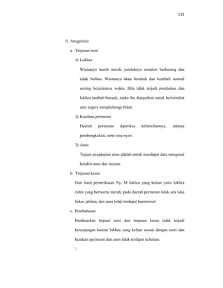 132
f) Anogenital
a. Tinjauan teori
1) Lokhea
Warnanya masih merah, jumlahnya semakin berkurang dan
tidak berbau. Warnanya akan berubah dan kembali normal
seiring berjalannya waktu. Bila tidak terjadi perubahan dan
lokhea tambah banyak, maka ibu dianjurkan untuk beristirahat
atau segera menghubungi bidan.
2) Keadaan perineum
Daerah perineum diperiksa kebersihannya, adanya
pembengkakan, serta rasa nyeri.
3) Anus
Tujuan pengkajian anus adalah untuk mendapat data mengenai
kondisi anus dan rectum.
b. Tinjauan kasus
Dari hasil pemeriksaan Ny. M lokhea yang keluar yaitu lokhea
rubra yang berwarna merah, pada daerah perineum tidak ada luka
bekas jahitan, dan anus tidak terdapat haemoroid.
c. Pembahasan
Berdasarkan tinjaun teori dan tinjauan kasus tidak terjadi
kesenjangan karena lokhea yang keluar sesuai dengan teori dan
keadaan perineum dan anus tidak terdapat kelainan.

 