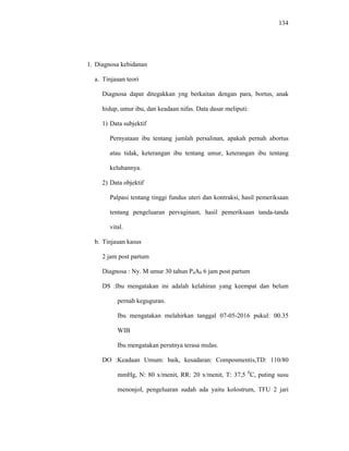 134
1. Diagnosa kebidanan
a. Tinjauan teori
Diagnosa dapat ditegakkan yng berkaitan dengan para, bortus, anak
hidup, umur ibu, dan keadaan nifas. Data dasar meliputi:
1) Data subjektif
Pernyataan ibu tentang jumlah persalinan, apakah pernah abortus
atau tidak, keterangan ibu tentang umur, keterangan ibu tentang
keluhannya.
2) Data objektif
Palpasi tentang tinggi fundus uteri dan kontraksi, hasil pemeriksaan
tentang pengeluaran pervaginam, hasil pemeriksaan tanda-tanda
vital.
b. Tinjauan kasus
2 jam post partum
Diagnosa : Ny. M umur 30 tahun P4A0 6 jam post partum
DS :Ibu mengatakan ini adalah kelahiran yang keempat dan belum
pernah keguguran.
Ibu mengatakan melahirkan tanggal 07-05-2016 pukul: 00.35
WIB
Ibu mengatakan perutnya terasa mulas.
DO :Keadaan Umum: baik, kesadaran: Composmentis,TD: 110/80
mmHg, N: 80 x/menit, RR: 20 x/menit, T: 37,5 0
C, puting susu
menonjol, pengeluaran sudah ada yaitu kolostrum, TFU 2 jari
 