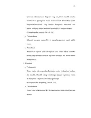 136
termasuk dalam rumusan diagnosis yang ada, tetapi masalah tersebut
membutuhkan penanganan bidan, maka masalah dirumuskan setelah
diagnosa.Permasalahan yang muncul merupakan pernyataan dari
pasien, ditunjang dengan data dasar baik subjektif maupun objektif.
(Walyani dan Purwoastuti, 2015; h. 187).
b. Tinjauan kasus
Selama 6 jam post partum Ny. M mengeluh perutnya masih sedikit
mulas.
c. Pembahasan
Berdasarkan tinjauan teori dan tinjauan kasus karena terjadi kontraksi
uterus yang meningkat setelah bayi lahir sehingga ibu merasa mulas
pada perutnya.
3. Kebutuhan
a. Tinjauan teori
Dalam bagian ini menentukan kebutuhan pasien berdasarkan keadaan
dan masalah. Masalah sering berhubungan dengan bagaimana wanita
itu mengalami kenyataan terhadap diagnosisnya
(Sulistyawati dan Nugraheny, 2010; h. 229)
b. Tinjauan kasus
Dalam kasus ini kebutuhan Ny. M adalah asuhan masa nifas 6 jam post
partum.
 