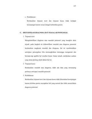137
c. Pembahasan
Berdasarkan tinjauan teori dan tinjauan kasus tidak terdapat
kesenjangan karena sesuai dengan kebutuhan pasien.
C. IDENTIFIKASI DIAGNOSA DAN MASALAH POTENSIAL
1. Tinjauan teori
Mengidentifikasi diagnosa atau masalah potensial yang mungkin akan
terjadi. pada langkah ini diidentifikasi masalah atau diagnosa potensial
berdasarkan rangkaian masalah dan diognosa, hal ini membutuhkan
antisipasi, pencegahan, bila memungkinkan menunggu mengamati dan
bersiap-siap apabila hal tersebut benar- benar terjadi, melakukan asuhan
yang aman penting sekali dalam hal ini.
2. Tinjauan kasus
Berdasarkan masalah atau diagnosa, tidak ada data yang menunjang
perlunya antisipasi masalah potensial.
3. Pembahasan
Berdasarkan tinjauan teori dan tinjauan kasus tidak ditemukan kesenjangan
karena keluhan pasien merupakan hal yang normal dan tidak memerlukan
diagnosa potensial.
 