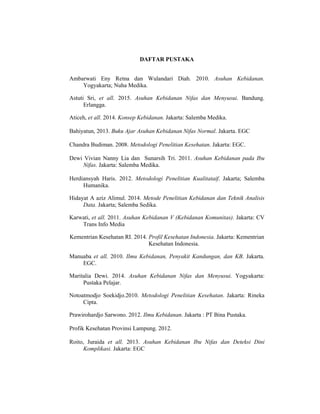 152
DAFTAR PUSTAKA
Ambarwati Eny Retna dan Wulandari Diah. 2010. Asuhan Kebidanan.
Yogyakarta; Nuha Medika.
Astuti Sri, et all. 2015. Asuhan Kebidanan Nifas dan Menyusui. Bandung.
Erlangga.
Aticeh, et all. 2014. Konsep Kebidanan. Jakarta: Salemba Medika.
Bahiyatun, 2013. Buku Ajar Asuhan Kebidanan Nifas Normal. Jakarta. EGC
Chandra Budiman. 2008. Metodologi Penelitian Kesehatan. Jakarta: EGC.
Dewi Vivian Nanny Lia dan Sunarsih Tri. 2011. Asuhan Kebidanan pada Ibu
Nifas. Jakarta: Salemba Medika.
Herdiansyah Haris. 2012. Metodologi Penelitian Kualitataif. Jakarta; Salemba
Humanika.
Hidayat A aziz Alimul. 2014. Metode Penelitian Kebidanan dan Teknik Analisis
Data. Jakarta; Salemba Sedika.
Karwati, et all. 2011. Asuhan Kebidanan V (Kebidanan Komunitas). Jakarta: CV
Trans Info Media
Kementrian Kesehatan RI. 2014. Profil Kesehatan Indonesia. Jakarta: Kementrian
Kesehatan Indonesia.
Manuaba et all. 2010. Ilmu Kebidanan, Penyakit Kandungan, dan KB. Jakarta.
EGC.
Maritalia Dewi. 2014. Asuhan Kebidanan Nifas dan Menyusui. Yogyakarta:
Pustaka Pelajar.
Notoatmodjo Soekidjo.2010. Metodologi Penelitian Kesehatan. Jakarta: Rineka
Cipta.
Prawirohardjo Sarwono. 2012. Ilmu Kebidanan. Jakarta : PT Bina Pustaka.
Profik Kesehatan Provinsi Lampung. 2012.
Roito, Juraida et all. 2013. Asuhan Kebidanan Ibu Nifas dan Deteksi Dini
Komplikasi. Jakarta: EGC
 