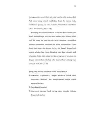 14
memegang, dan memberikan ASI pada bayinya untuk pertama kali.
Pada masa tenang setelah melahirkan, disaat ibu merasa rileks,
memberikan peluang ide untuk memulai pembentukan ikatan batin.
(Dewi dan Sunarsih, 2011; h. 45).
Bounding attachment/keterikatan awal/ikatan batin adalah suatu
proses dimana sebagai hasil dari suatu interaksi terus menerus antara
bayi dan orang tua yang bersifat saling mencintai, memberikan
keduanya pemenuhan emosional dan saling membutuhkan. Proses
ikatan batin antara ibu dengan bayinya ini diawali dengan kasih
sayang terhadap bayi yang dikandung, dan dapat dimulai sejak
kehamilan. Ikatan batin antara bayi dan orang tuanya berkaitan erat
dengan pertumbuhan psikologi sehat dan tumbuh kembang bayi.
(Rukiyah et.all, 2011;h. 38).
Tahap-tahap bonding attachment adalah sebagai berikut.
1) Perkenalan (acquaintance), dengan melakukan kontak mata,
menyentuh, berbicara, dan mengeksplorasi segera setelah
mengenal bayinya.
2) Keterikatan (bounding)
3) Attachment, perasaan kasih sayang yang mengikat individu
dengan individu lain
 