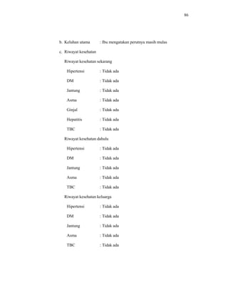86
b. Keluhan utama : Ibu mengatakan perutnya masih mulas
c. Riwayat kesehatan
Riwayat kesehatan sekarang
Hipertensi : Tidak ada
DM : Tidak ada
Jantung : Tidak ada
Asma : Tidak ada
Ginjal : Tidak ada
Hepatitis : Tidak ada
TBC : Tidak ada
Riwayat kesehatan dahulu
Hipertensi : Tidak ada
DM : Tidak ada
Jantung : Tidak ada
Asma : Tidak ada
TBC : Tidak ada
Riwayat kesehatan keluarga
Hipertensi : Tidak ada
DM : Tidak ada
Jantung : Tidak ada
Asma : Tidak ada
TBC : Tidak ada
 
