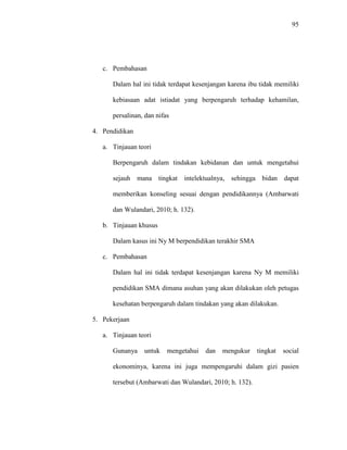 95
c. Pembahasan
Dalam hal ini tidak terdapat kesenjangan karena ibu tidak memiliki
kebiasaan adat istiadat yang berpengaruh terhadap kehamilan,
persalinan, dan nifas
4. Pendidikan
a. Tinjauan teori
Berpengaruh dalam tindakan kebidanan dan untuk mengetahui
sejauh mana tingkat intelektualnya, sehingga bidan dapat
memberikan konseling sesuai dengan pendidikannya (Ambarwati
dan Wulandari, 2010; h. 132).
b. Tinjauan khusus
Dalam kasus ini Ny M berpendidikan terakhir SMA
c. Pembahasan
Dalam hal ini tidak terdapat kesenjangan karena Ny M memiliki
pendidikan SMA dimana asuhan yang akan dilakukan oleh petugas
kesehatan berpengaruh dalam tindakan yang akan dilakukan.
5. Pekerjaan
a. Tinjauan teori
Gunanya untuk mengetahui dan mengukur tingkat social
ekonominya, karena ini juga mempengaruhi dalam gizi pasien
tersebut (Ambarwati dan Wulandari, 2010; h. 132).
 