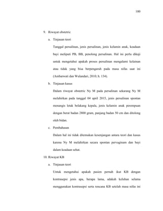 100
9. Riwayat obstetric
a. Tinjauan teori
Tanggal persalinan, jenis persalinan, jenis kelamin anak, keadaan
bayi meliputi PB, BB, penolong persalinan. Hal ini perlu dikaji
untuk mengetahui apakah proses persalinan mengalami kelainan
atau tidak yang bisa berpengaruh pada masa nifas saat ini
(Ambarwati dan Wulandari, 2010; h. 134).
b. Tinjauan kasus
Dalam riwayat obstetric Ny M pada persalinan sekarang Ny M
melahirkan pada tanggal 04 april 2015, jenis persalinan spontan
menangis letak belakang kepala, jenis kelamin anak perempuan
dengan berat badan 2800 gram, panjang badan 50 cm dan ditolong
oleh bidan.
c. Pembahasan
Dalam hal ini tidak ditemukan kesenjangan antara teori dan kasus
karena Ny M melahirkan secara spontan pervaginam dan bayi
dalam keadaan sehat.
10. Riwayat KB
a. Tinjauan teori
Untuk mengetahui apakah pasien pernah ikut KB dengan
kontrasepsi jenis apa, berapa lama, adakah keluhan selama
menggunakan kontrasepsi serta rencana KB setelah masa nifas ini
 