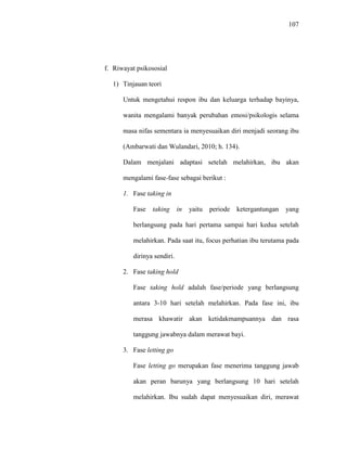 107
f. Riwayat psikososial
1) Tinjauan teori
Untuk mengetahui respon ibu dan keluarga terhadap bayinya,
wanita mengalami banyak perubahan emosi/psikologis selama
masa nifas sementara ia menyesuaikan diri menjadi seorang ibu
(Ambarwati dan Wulandari, 2010; h. 134).
Dalam menjalani adaptasi setelah melahirkan, ibu akan
mengalami fase-fase sebagai berikut :
1. Fase taking in
Fase taking in yaitu periode ketergantungan yang
berlangsung pada hari pertama sampai hari kedua setelah
melahirkan. Pada saat itu, focus perhatian ibu terutama pada
dirinya sendiri.
2. Fase taking hold
Fase taking hold adalah fase/periode yang berlangsung
antara 3-10 hari setelah melahirkan. Pada fase ini, ibu
merasa khawatir akan ketidakmampuannya dan rasa
tanggung jawabnya dalam merawat bayi.
3. Fase letting go
Fase letting go merupakan fase menerima tanggung jawab
akan peran barunya yang berlangsung 10 hari setelah
melahirkan. Ibu sudah dapat menyesuaikan diri, merawat
 