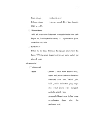 113
Enam minggu : bertambah kecil
Delapan minggu : sebesar normal (Dewi dan Sunarsih,
2011; h. 55-57).
2) Tinjauan kasus
Tidak ada pembesaran, konsistensi keras pada fundus lunak pada
bagian lain, kandung kemih kosong, TFU 3 jari dibawah pusat,
dan kontraksinya baik
3) Pembahasan
Dalam hal ini tidak ditemukan kesenjangan antara teori dan
kasus. TFU ibu sesuai dengan teori involusi uterus yaitu 3 jari
dibawah pusat.
c) Anogenital
1) Tinjauan teori
Lochea : Normal ( Merah hitam (lochea rubra),
berbau biasa, tidak ada bekuan darah atau
butir-butir darah beku (ukuran jeruk
kecil, jumlah perdarahan yang ringan
atau sedikit (hanya perlu mengganti
pembalut setiap 3-5 jam)
Abnormal (Merah terang, berbau busuk,
mengeluarkan darah beku, dan
perdarahan berat).
 