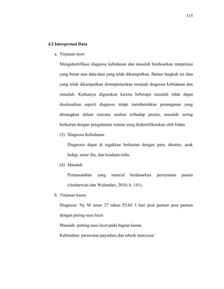 115
4.2 Interpretasi Data
a. Tinjauan teori
Mengidentifikasi diagnose kebidanan dan masalah berdasarkan intepretasi
yang benar atas data-data yang telah dikumpulkan. Dalam langkah ini data
yang telah dikumpulkan diintepretasikan menjadi diagnose kebidanan dan
masalah. Keduanya digunakan karena beberapa masalah tidak dapat
diselesaikan seperti diagnose tetapi membutuhkan penanganan yang
dituangkan dalam rencana asuhan terhadap pasien, masalah sering
berkaitan dengan pengalaman wanita yang diidentifikasikan oleh bidan.
(3) Diagnosa Kebidanan
Diagnosis dapat di tegakkan berkaitan dengan para, abortus, anak
hidup, umur ibu, dan keadaan nifas.
(4) Masalah
Permasalahan yang muncul berdasarkan pernyataan pasien
(Ambarwati dan Wulandari, 2010; h. 141).
b. Tinjauan kasus
Diagnosa: Ny M umur 27 tahun P2A0 3 hari post partum post partum
dengan puting susu lecet.
Masalah: putting susu lecet pada bagian kanan
Kebutuhan: perawatan payudara dan tehnik menyusui
 