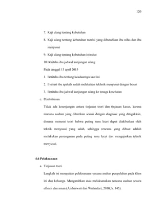 120
7. Kaji ulang tentang kebutuhan
8. Kaji ulang tentang kebutuhan nutrisi yang dibutuhkan ibu nifas dan ibu
menyusui
9. Kaji ulang tentang kebutuhan istirahat
10.Beritahu ibu jadwal kunjungan ulang
Pada tanggal 13 april 2015
1. Beritahu ibu tentang keadaannya saat ini
2. Evalusi ibu apakah sudah melakukan tekhnik menyusui dengan benar
3. Beritahu ibu jadwal kunjungan ulang ke tenaga kesehatan
c. Pembahasan
Tidak ada kesenjangan antara tinjauan teori dan tinjauan kasus, karena
rencana asuhan yang diberikan sesuai dengan diagnose yang ditegakkan,
dimana menurut teori bahwa puting susu lecet dapat diakibatkan oleh
teknik menyusui yang salah, sehingga rencana yang dibuat adalah
melakukan penanganan pada puting susu lecet dan mengajarkan teknik
menyusui.
4.6 Pelaksanaan
a. Tinjauan teori
Langkah ini merupakan pelaksanaan rencana asuhan penyuluhan pada klien
ini dan keluarga. Mengarahkan atau melaksanakan rencana asuhan secara
efisien dan aman (Ambarwati dan Wulandari, 2010; h. 145).
 