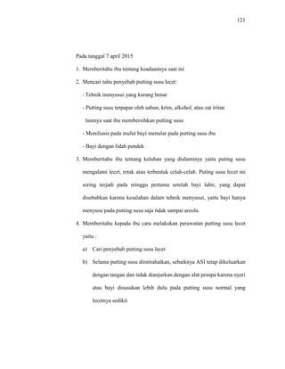 121
Pada tanggal 7 april 2015
1. Memberitahu ibu tentang keadaannya saat ini
2. Mencari tahu penyebab putting susu lecet:
- Tehnik menyusui yang kurang benar
- Putting susu terpapar oleh sabun, krim, alkohol, atau zat iritan
lainnya saat ibu membersihkan putting susu
- Moniliasis pada mulut bayi menular pada putting susu ibu
- Bayi dengan lidah pendek
3. Memberitahu ibu tentang keluhan yang dialaminya yaitu puting susu
mengalami lecet, retak atau terbentuk celah-celah. Puting susu lecet ini
sering terjadi pada minggu pertama setelah bayi lahir, yang dapat
disebabkan karena kesalahan dalam tehnik menyusui, yaitu bayi hanya
menyusu pada putting susu saja tidak sampai areola.
4. Memberitahu kepada ibu cara melakukan perawatan putting susu lecet
yaitu :
a) Cari penyebab putting susu lecet
b) Selama putting susu diistirahatkan, sebaiknya ASI tetap dikeluarkan
dengan tangan dan tidak dianjurkan dengan alat pompa karena nyeri
atau bayi disusukan lebih dulu pada putting susu normal yang
lecetnya sedikit
 