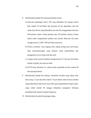 130
8. Memberitahu kepada ibu tentang kebutuhan nutrisi
a) Rata-rata kandungan kalori ASI yang dihasilkan ibu dengan nutrisi
baik adalah 70 kal/100ml dan kira-kira 85 kal diperlukan oleh ibu
untuk tiap 100 ml yang dihasilkan rata-rata ibu menggunakan kira-kira
640 kal/hari untuk 6 bulan pertama dan 510 kal/hari selama 6 bulan
kedua untuk mengahsilkan jumlah susu normal. Rata-rata ibu harus
mengkonsumsi 2.300-2.700 kal ketika menyusui.
b) Protein, misalnya : ikan, daging, telur, udang, kerang susu, dan tempe,
tahu, kacang-kacangan yang berguna untuk pertumbuhan dan
penggantian sel-sel yang rusak dan mati.
c) Asupan cairan yang di anjurkan mengkonsumsi 2-3 liter per hari dalam
bentuk air putih, susu dan jus buah.
d) Pil FE harus diminum 1x1 sehari untuk menambah zat besi selama 40
hari pascapersalinan.
9. Memberitahu kepada ibu tentang kebutuhan istirahat yang cukup yaitu
tidur siang 1-2 jam dan tidur malam 7-8 jam dalam sehari karena istirahat
sangat diperlukan bagi ibu di masa nifas agar pengembalian fungsi organ-
organ tubuh setelah 40 minggu kehamilan mengalami beberapa
perubahan baik anatomi maupun fungsinya.
10. Memberitahu ibu jadwal kunjungan ulang.
 
