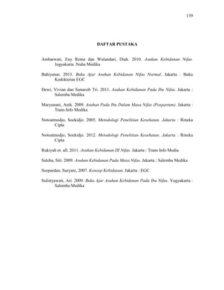 139
DAFTAR PUSTAKA
Ambarwati, Eny Retna dan Wulandari, Diah. 2010. Asuhan Kebidanan Nifas.
Jogyakarta :Nuha Medika
Bahiyatun. 2013. Buku Ajar Asuhan Kebidanan Nifas Normal. Jakarta : Buku
Kedokteran EGC
Dewi, Vivian dan Sunarsih Tri. 2011. Asuhan Kebidanan Pada Ibu Nifas. Jakarta :
Salemba Medika
Maryunani, Anik. 2009. Asuhan Pada Ibu Dalam Masa Nifas (Pospartum). Jakarta :
Trans Info Medika
Notoatmodjo, Soekidjo. 2005. Metodologi Penelitian Kesehatan. Jakarta : Rineka
Cipta
Notoatmodjo, Soekidjo. 2012. Metodologi Penelitian Kesehatan. Jakarta : Rineka
Cipta
Rukiyah et. all, 2011. Asuhan Kebidanan III Nifas. Jakarta : Trans Info Media
Saleha, Siti. 2009. Asuhan Kebidanan Pada Masa Nifas. Jakarta : Salemba Medika
Soepardan, Suryani, 2007. Konsep Kebidanan. Jakarta : EGC
Sulistyawati, Ari. 2009. Buku Ajar Asuhan Kebidanan Pada Ibu Nifas. Yogyakarta :
Salemba Medika
 