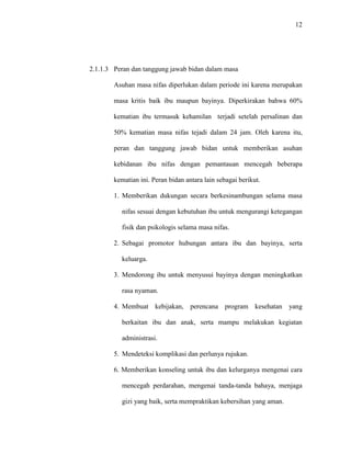 12
2.1.1.3 Peran dan tanggung jawab bidan dalam masa
Asuhan masa nifas diperlukan dalam periode ini karena merupakan
masa kritis baik ibu maupun bayinya. Diperkirakan bahwa 60%
kematian ibu termasuk kehamilan terjadi setelah persalinan dan
50% kematian masa nifas tejadi dalam 24 jam. Oleh karena itu,
peran dan tanggung jawab bidan untuk memberikan asuhan
kebidanan ibu nifas dengan pemantauan mencegah beberapa
kematian ini. Peran bidan antara lain sebagai berikut.
1. Memberikan dukungan secara berkesinambungan selama masa
nifas sesuai dengan kebutuhan ibu untuk mengurangi ketegangan
fisik dan psikologis selama masa nifas.
2. Sebagai promotor hubungan antara ibu dan bayinya, serta
keluarga.
3. Mendorong ibu untuk menyusui bayinya dengan meningkatkan
rasa nyaman.
4. Membuat kebijakan, perencana program kesehatan yang
berkaitan ibu dan anak, serta mampu melakukan kegiatan
administrasi.
5. Mendeteksi komplikasi dan perlunya rujukan.
6. Memberikan konseling untuk ibu dan kelurganya mengenai cara
mencegah perdarahan, mengenai tanda-tanda bahaya, menjaga
gizi yang baik, serta mempraktikan kebersihan yang aman.
 