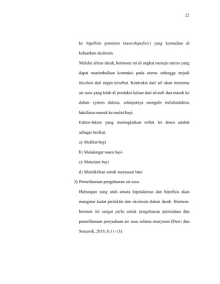 22
ke hipofisis posterior (neurohipofisis) yang kemudian di
keluarkan oksitosin.
Melalui aliran darah, hormone ini di angkat menuju uterus yang
dapat menimbulkan kontraksi pada uterus sehingga terjadi
involusi dari organ tersebut. Kontraksi dari sel akan memeras
air susu yang telah di produksi keluar dari alveoli dan masuk ke
dalam system duktus, selanjutnya mengalir melaluiduktus
laktiferus masuk ke mulut bayi.
Faktor-faktor yang meningkatkan reflek let down adalah
sebagai berikut.
a) Melihat bayi
b) Mendengar suara bayi
c) Mencium bayi
d) Memikirkan untuk menyusui bayi
3) Pemeliharaan pengeluaran air susu
Hubungan yang utuh antara hipotalamus dan hipofisis akan
mengatur kadar prolaktin dan oksitosin dalam darah. Hormon-
hormon ini sangat perlu untuk pengeluaran permulaan dan
pemeliharaan penyediaan air susu selama menyusui (Dewi dan
Sunarsih, 2011; h.11-13).
 