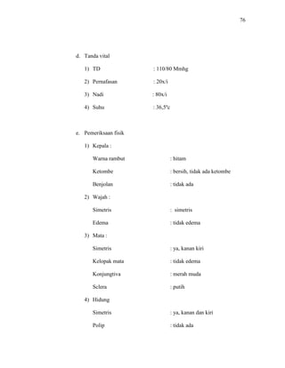 76
d. Tanda vital
1) TD : 110/80 Mmhg
2) Pernafasan : 20x/i
3) Nadi : 80x/i
4) Suhu : 36,5ºc
e. Pemeriksaan fisik
1) Kepala :
Warna rambut : hitam
Ketombe : bersih, tidak ada ketombe
Benjolan : tidak ada
2) Wajah :
Simetris : simetris
Edema : tidak edema
3) Mata :
Simetris : ya, kanan kiri
Kelopak mata : tidak edema
Konjungtiva : merah muda
Sclera : putih
4) Hidung
Simetris : ya, kanan dan kiri
Polip : tidak ada
 