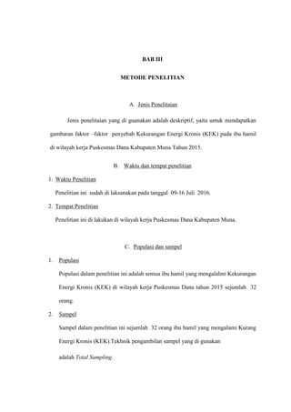 BAB III
METODE PENELITIAN
A. Jenis Penelitaian
Jenis penelitaian yang di guanakan adalah deskriptif, yaitu untuk mendapatkan
gambaran faktor –faktor penyebab Kekurangan Energi Kronis (KEK) pada ibu hamil
di wilayah kerja Puskesmas Dana Kabupaten Muna Tahun 2015.
B. Waktu dan tempat penelitian
1. Waktu Penelitian
Penelitian ini sudah di laksanakan pada tanggal 09-16 Juli 2016.
2. Tempat Penelitian
Penelitian ini di lakukan di wilayah kerja Puskesmas Dana Kabupaten Muna.
C. Populasi dan sampel
1. Populasi
Populasi dalam penelitian ini adalah semua ibu hamil yang mengalalmi Kekurangan
Energi Kronis (KEK) di wilayah kerja Puskesmas Dana tahun 2015 sejumlah 32
orang.
2. Sampel
Sampel dalam penelitian ini sejumlah 32 orang ibu hamil yang mengalami Kurang
Energi Kronis (KEK).Tekhnik pengambilan sampel yang di gunakan
adalah Total Sampling.
 