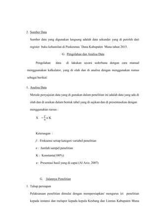 2. Sumber Data
Sumber data yang digunakan langsung adalah data sekunder yang di peroleh dari
register buku kehamilan di Puskesmas `Dana Kabupaten Muna tahun 2015.
G. Pengolahan dan Analisa Data
Pengolahan data di lakukan secara sederhana dengan cara manual
mengguanakan kalkulator, yang di olah dan di analisa dengan menggunakan rumus
sebagai berikut:
1. Analisa Data
Metode penyajaian data yang di gunakan dalam penelitian ini adalah data yang ada di
olah dan di uraikan dalam bentuk tabel yang di sajikan dan di presentasekan dengan
menggunakan rumus :
X = K
Keterangan :
f : Frekuensi setiap kategori variabel penelitian
n : Jumlah sampel penelitian
K : Konstanta(100%)
: Presentasi hasil yang di capai (Al Aziz, 2007)
G. Jalannya Penelitian
1. Tahap persiapan
Pelaksanaan penelitian dimulai dengan mempersiapkan/ mengurus izi penelitian
kepada instansi dan melapor kepada kepala Kesbang dan Linmas Kabupaten Muna
 