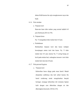87
dalam BAB karena ibu rajin mengkonsumsi sayur dan
buah.
4.1.6 Pola istirahat
a. Tinjauan teori
Rata-rata lama tidur malam yang normal adalah 6-8
jam (Sulistyani,2011;h.170).
b. Tinjauan kasus
Ny. Y mengatakan tidur malam hari 4-5 jam.
c. Pembahasan
Berdasarkan tinjauan teori dan kasus terdapat
kesenjangan antara teori dan kasus. Ny. Y tidur
malam hari 4-5 jam, karena Ny. Y sering buang air
kecil pada malam hari, sedangkan menurut teori tidur
malam hari rata-rata 6-8 jam.
4.1.7 Pola personal hygiene
a. Tinjauan teori
Kebersihan harus dijaga pada masa hamil. Mandi
dianjurkan sedikitnya dua kali sehari karena ibu
hamil cenderung untuk mengeluarkan banyak
keringat, menjaga kebersihan diri terutama lipatan
kulit dengan cara dibersihan dengan air dan
dikeringkan (kuswanti, 2014;h.119).
 