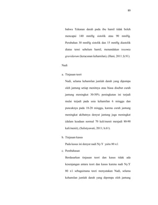 89
bahwa Tekanan darah pada ibu hamil tidak boleh
mencapai 140 mmHg sistolik atau 90 mmHg.
Perubahan 30 mmHg sistolik dan 15 mmHg diastolik
diatas tensi sebelum hamil, menandakan toxemia
gravidarum (keracunan kehamilan), (Hani, 2011 ;h.91).
Nadi
a. Tinjauan teori
Nadi, selama kehamilan jumlah darah yang dipompa
oleh jantung setiap menitnya atau biasa disebut curah
jantung meningkat 30-50% peningkatan ini terjadi
mulai terjadi pada usia kehamilan 6 minggu dan
puncaknya pada 18-28 minggu, karena curah jantung
meningkat akibatnya denyut jantung juga meningkat
(dalam keadaan normal 70 kali/menit menjadi 80-90
kali/menit), (Sulistyawati, 2011; h.61).
b. Tinjauan kasus
Pada kasus ini denyut nadi Ny.Y yaitu 80 x/i
c. Pembahasan
Berdasarkan tinjauan teori dan kasus tidak ada
kesenjangan antara teori dan kasus karena nadi Ny.Y
80 x/i sebagaimana teori menyatakan Nadi, selama
kehamilan jumlah darah yang dipompa oleh jantung
 
