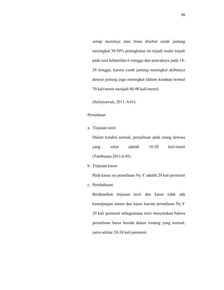 90
setiap menitnya atau biasa disebut curah jantung
meningkat 30-50% peningkatan ini terjadi mulai terjadi
pada usia kehamilan 6 minggu dan puncaknya pada 18-
28 minggu, karena curah jantung meningkat akibatnya
denyut jantung juga meningkat (dalam keadaan normal
70 kali/menit menjadi 80-90 kali/menit)
(Sulistyawati, 2011; h.61).
Pernafasan
a. Tinjauan teori
Dalam kondisi normal, pernafasan pada orang dewasa
yang sehat adalah 16-20 kali/menit
(Tambunan,2011;h.45).
b. Tinjauan kasus
Pada kasus ini pernafasan Ny.Y adalah 20 kali permenit
c. Pembahasan
Berdasarkan tinjauan teori dan kasus tidak ada
kesenjangan antara dan kasus karena pernafasan Ny.Y
20 kali permenit sebagaimana teori menyatakan bahwa
pernafasan harus berada dalam rentang yang normal,
yaitu sekitar 20-30 kali permenit.
 