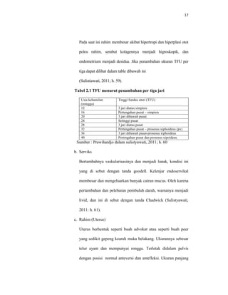 17
Pada saat ini rahim membesar akibat hipertropi dan hiperplasi otot
polos rahim, serabut kolagennya menjadi higroskopik, dan
endometrium menjadi desidua. Jika penambahan ukuran TFU per
tiga dapat dilihat dalam table dibawah ini
(Sulistiawati, 2011; h. 59).
Tabel 2.1 TFU menurut penambahan per tiga jari
Usia kehamilan
(minggu)
Tinggi fundus uteri (TFU)
12 3 jari diatas simpisis
16 Pertengahan pusat – simpisis
20 3 jari dibawah pusat
24 Setinggi pusat
28 3 jari diatas pusat
32 Pertengahan pusat – prosesus xiphoideus (px)
36 3 jari dibawah pusat-prosesus xiphoideus
40 Pertrngahan pusat dan prosesus xipoideus.
Sumber : Prawihardjo dalam sulistyawati, 2011; h. 60
b. Serviks
Bertambahnya vaskularisasinya dan menjadi lunak, kondisi ini
yang di sebut dengan tanda goodell. Kelenjar endoservikal
membesar dan mengeluarkan banyak cairan mucus. Oleh karena
pertambahan dan pelebaran pembuluh darah, warnanya menjadi
livid, dan ini di sebut dengan tanda Chadwick (Sulistyawati,
2011: h. 61).
c. Rahim (Uterus)
Uterus berbentuk seperti buah advokat atau seperti buah peer
yang sedikit gepeng kearah muka belakang. Ukurannya sebesar
telur ayam dan mempunyai rongga. Terletak didalam pelvis
dengan posisi normal anteversi dan antefleksi. Ukuran panjang
 