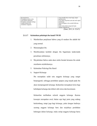 36
dan progesteron.
Peningkatan lendir serviks
yang disebut operkulum.
Kerapuhan meningkat sehinga
mudah berdarah saat
melakukan senggama.
yang memiliki daya serap tinggi, jangan
gunakan nilon.
Cara cebok yang benar yaitu dari arah vagina
kebelakang.
Selalu keringkan vulva setelah BAB atau
BAK.
Ganti celana dalam setiap kali basah.
Hindari semprotan air.
(Hani, 2011; h. 52-67).
2.1.1.7 Kebutuhan psikologis ibu hamil TM III
1. Memberikan penjelasan bahwa yang di rasakan ibu adalah hal
yang normal.
2. Menenangkan ibu
3. Membicarakan kembali dengan ibu bagaimana tanda-tanda
persalinan sebelumnya.
4. Meyakinkan bahwa anda akan selalu berada bersama ibu untuk
membantu melahirkannya.
5. Kebutuhan Psikologi Ibu Hamil
6. Support Keluarga
Ibu merupakan salah satu anggota keluarga yang sangat
berpengaruh, sehingga perubahan apapun yang terjadi pada ibu
akan mempengaruhi keluarga. Kehamilan merupakan krisis bagi
kehidupan keluarga dan diikuti oleh stress dan kecemasan.
Kehamilan melibatkan seluruh anggota keluarga .Karena
konsepsi merupakan awal, bukan saja bagi janin yang sedang
berkembang, tetapi juga bagi keluarga, yakni dengan hadirnya
seorang anggota keluarga baru dan terjadinya perubahan
hubungan dalam keluarga, maka setiap anggota keluarga harus
 