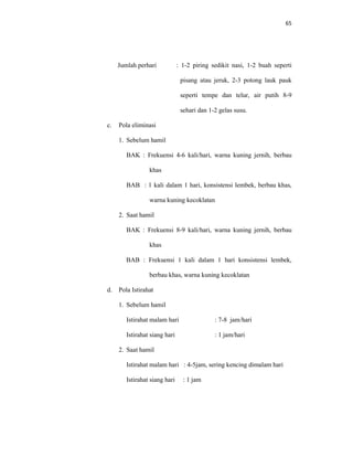 65
Jumlah perhari : 1-2 piring sedikit nasi, 1-2 buah seperti
pisang atau jeruk, 2-3 potong lauk pauk
seperti tempe dan telur, air putih 8-9
sehari dan 1-2 gelas susu.
c. Pola eliminasi
1. Sebelum hamil
BAK : Frekuensi 4-6 kali/hari, warna kuning jernih, berbau
khas
BAB : 1 kali dalam 1 hari, konsistensi lembek, berbau khas,
warna kuning kecoklatan
2. Saat hamil
BAK : Frekuensi 8-9 kali/hari, warna kuning jernih, berbau
khas
BAB : Frekuensi 1 kali dalam 1 hari konsistensi lembek,
berbau khas, warna kuning kecoklatan
d. Pola Istirahat
1. Sebelum hamil
Istirahat malam hari : 7-8 jam/hari
Istirahat siang hari : 1 jam/hari
2. Saat hamil
Istirahat malam hari : 4-5jam, sering kencing dimalam hari
Istirahat siang hari : 1 jam
 