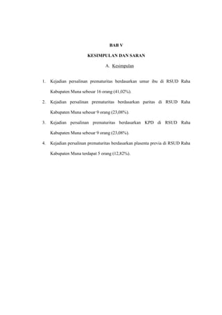 BAB V
KESIMPULAN DAN SARAN
A. Kesimpulan
1. Kejadian persalinan prematuritas berdasarkan umur ibu di RSUD Raha
Kabupaten Muna sebesar 16 orang (41,02%).
2. Kejadian persalinan prematuritas berdasarkan paritas di RSUD Raha
Kabupaten Muna sebesar 9 orang (23,08%).
3. Kejadian persalinan prematuritas berdasarkan KPD di RSUD Raha
Kabupaten Muna sebesar 9 orang (23,08%).
4. Kejadian persalinan prematuritas berdasarkan plasenta previa di RSUD Raha
Kabupaten Muna terdapat 5 orang (12,82%).
 