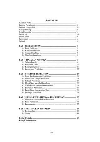 viii
DAFTAR ISI
Halaman Judul......................................................................................... i
Lembar Persetujuan................................................................................. ii
Lembar Pengesahan ................................................................................ iii
Riwayat Hidup ........................................................................................ iv
Kata Pengantar ........................................................................................ v
Daftar Isi.................................................................................................. viii
Daftar Tabel ............................................................................................ ix
Pernyataan .............................................................................................. x
Intisari ..................................................................................................... xi
BAB I PENDAHULUAN...................................................................... 1
A. Latar Belakang ............................................................................ 1
B. Rumusan Masalah....................................................................... 4
C. Tujuan Penelitian ........................................................................ 4
D. Manfaaat Penelitian..................................................................... 5
BAB II TINJAUAN PUSTAKA........................................................... 6
A. Telaah Pustaka ............................................................................ 6
B. Landasan Teori............................................................................ 17
C. Kerangka Konsep........................................................................ 21
D. Pertanyaan Penelitian.................................................................. 22
BAB III METODE PENELITIAN ...................................................... 23
A. Jenis dan Rancangan Penelitian .................................................. 23
B. Waktu dan Tempat Penelitian..................................................... 23
C. Subyek Penelitian........................................................................ 23
D. Identifikasi Variabel Penelitian................................................... 23
E. Variabel dan Defenisi Operasional ............................................. 24
F. Instrumen Penelitian.................................................................... 25
G. Pengolahan dan Analisis Data..................................................... 25
H. Jalannya Penelitian...................................................................... 26
BAB IV HASIL PENELITIAN dan PEMBAHASAN....................... 27
A. Gambaran Umum Lokasi Penelitian ........................................... 27
B. Hasil Penelitian ........................................................................... 34
C. Pembahasan……………………………………………………. 37
BAB V KESIMPULAN dan SARAN .................................................. 43
A. Kesimpulan ................................................................................. 43
B. Saran............................................................................................ 44
Daftar Pustaka....................................................................................... 45
Lampiran-lampiran
 